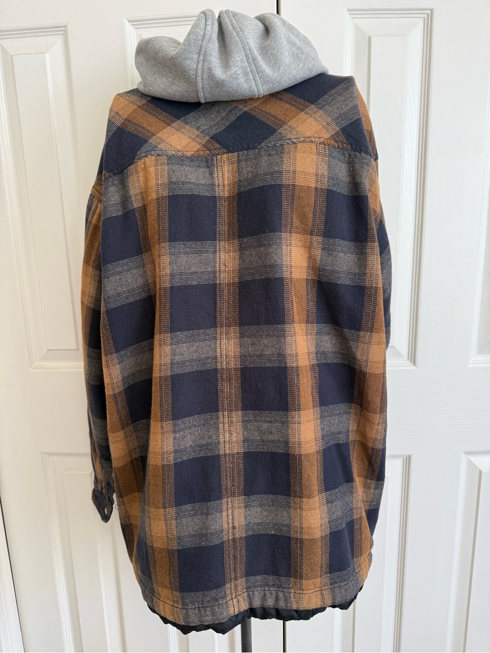 Dickies Navy and Brown Plaid Hooded Shirt snap up Jacket. L - Picture 7 of 7
